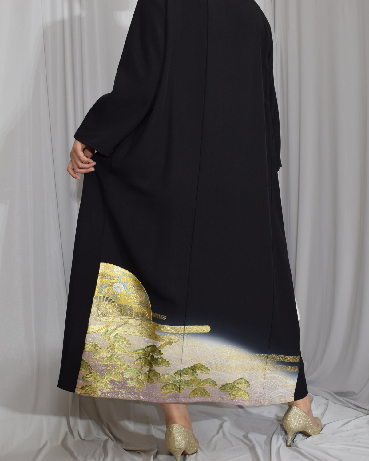 Elegant Kimono Dress, Fan, Pine and Bamboo Motifs, Upcycled Tomesode Fabric