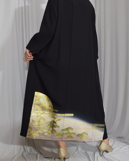 Elegant Kimono Dress, Fan, Pine and Bamboo Motifs, Upcycled Tomesode Fabric
