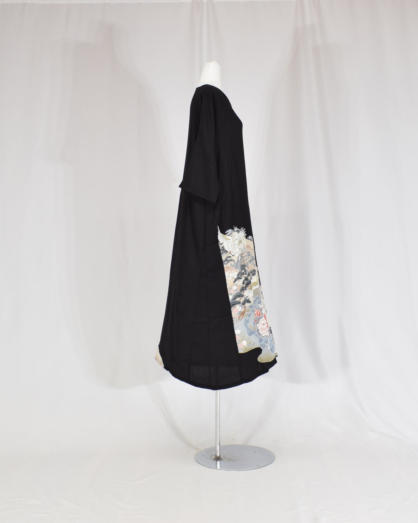 Elegant Kimono Dress, Crane and Wave Floral Motif, Upcycled Tomesode Fabric