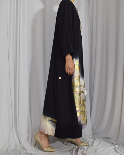 Elegant Kimono Dress, Fan, Pine and Bamboo Motifs, Upcycled Tomesode Fabric