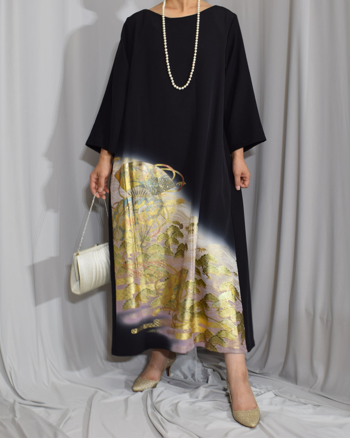 Elegant Kimono Dress, Fan, Pine and Bamboo Motifs, Upcycled Tomesode Fabric