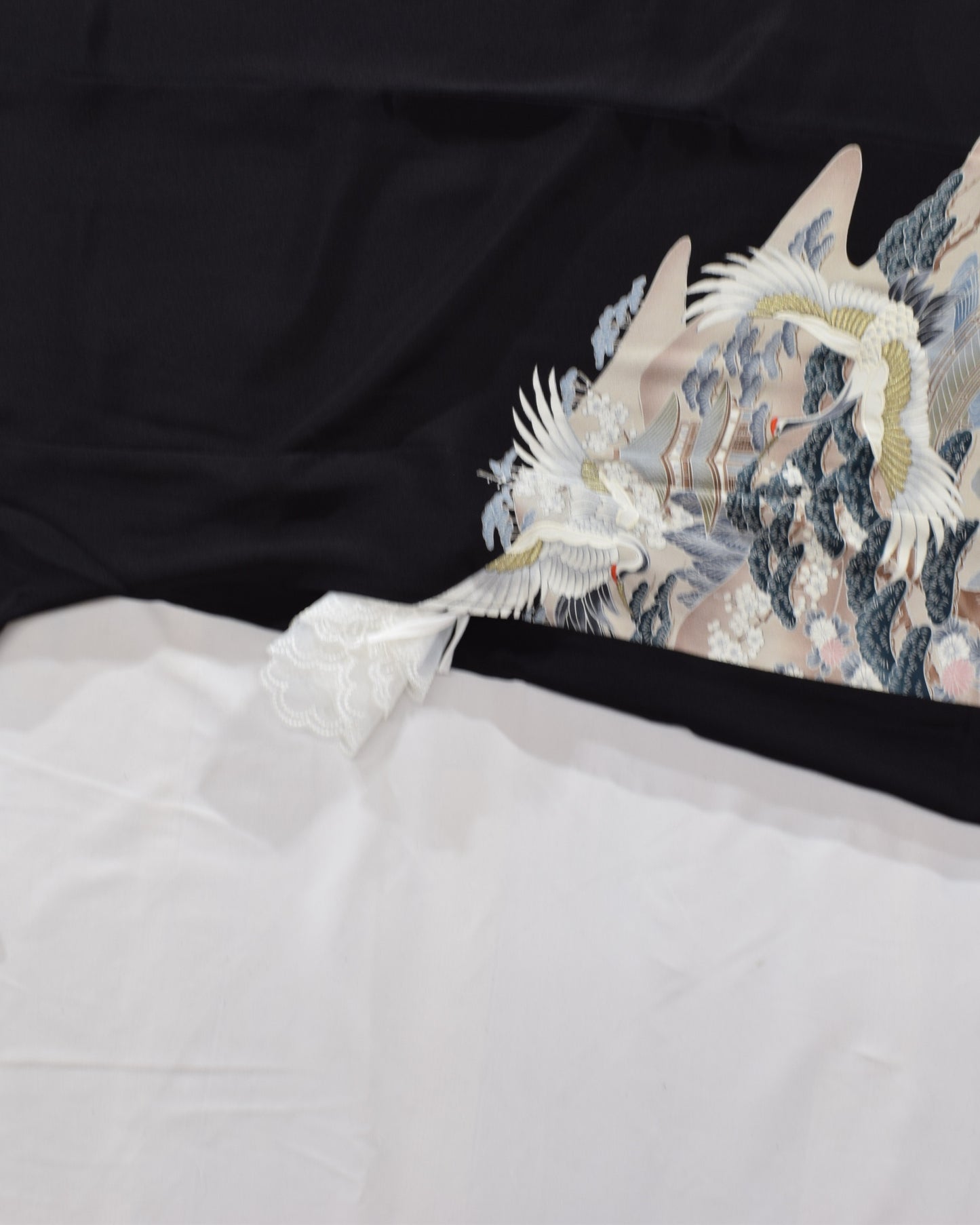 Elegant Kimono Dress, Crane and Wave Floral Motif, Upcycled Tomesode Fabric