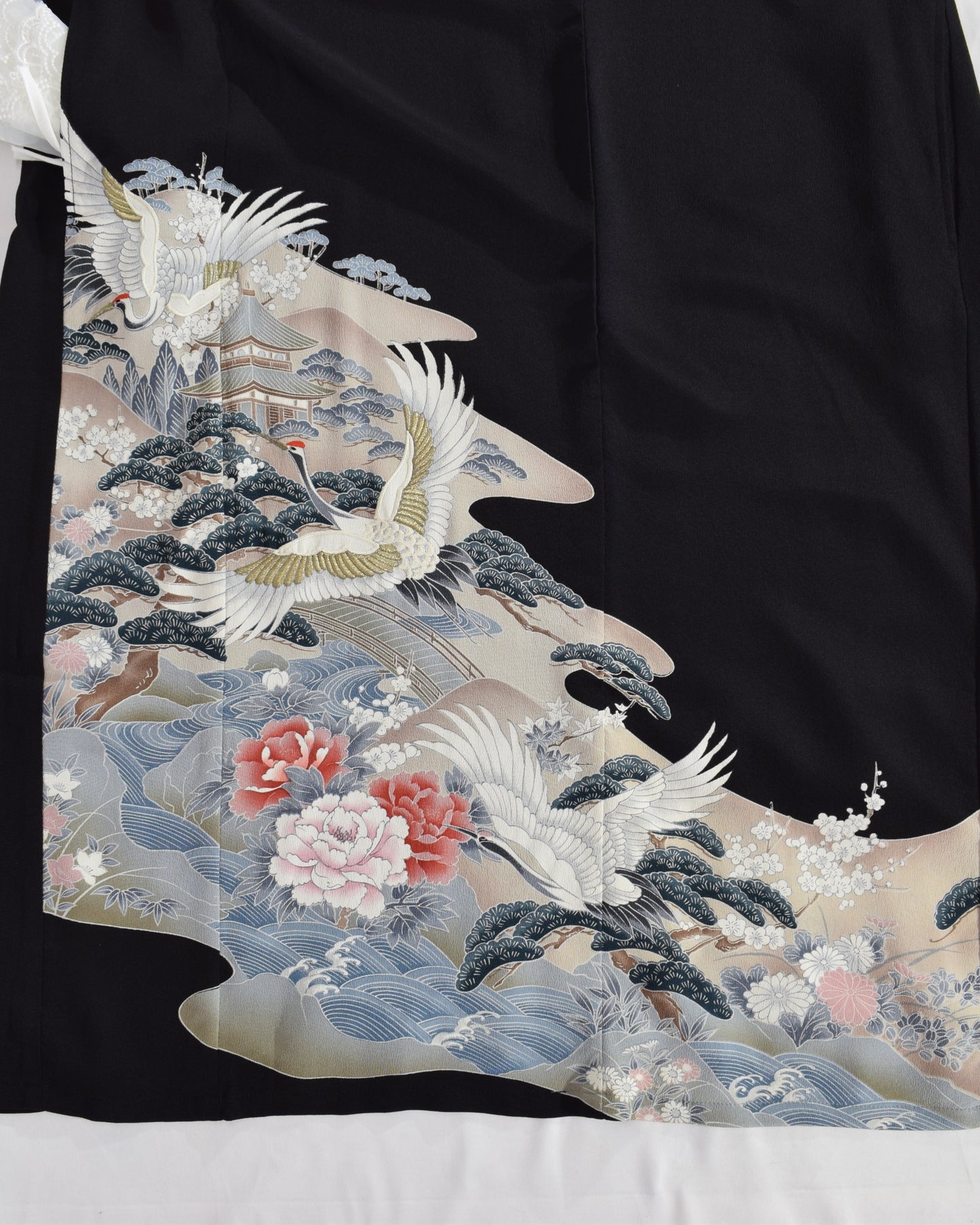 Elegant Kimono Dress, Crane and Wave Floral Motif, Upcycled Tomesode Fabric