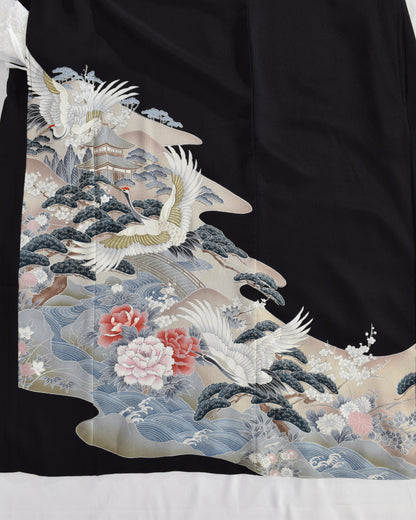 Elegant Kimono Dress, Crane and Wave Floral Motif, Upcycled Tomesode Fabric