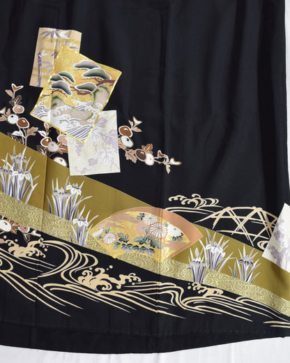 黒 菖蒲流水文様 巻きスカート 留袖リメイク 一点物