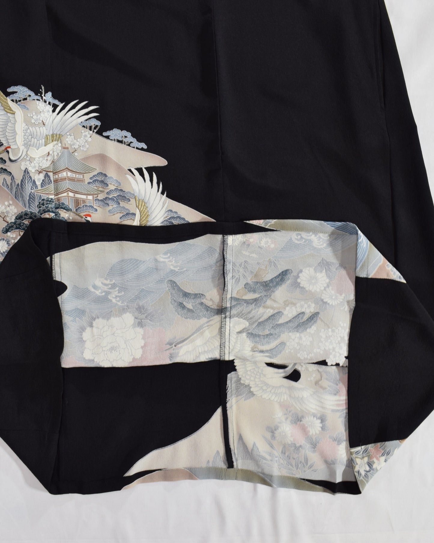 Elegant Kimono Dress, Crane and Wave Floral Motif, Upcycled Tomesode Fabric