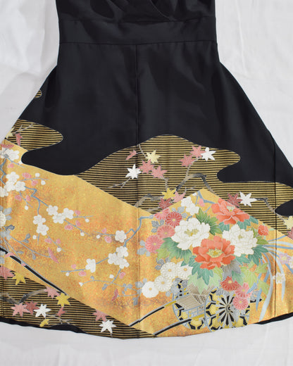 花霞文様 重ねVネックノースリーブワンピース 黒留袖リメイク 一点物