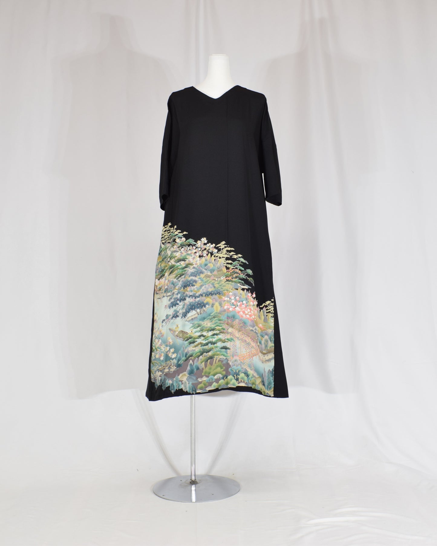 Elegant Kimono Dress, Mountain Landscape and Botanical Motif, Upcycled Tomesode Fabric