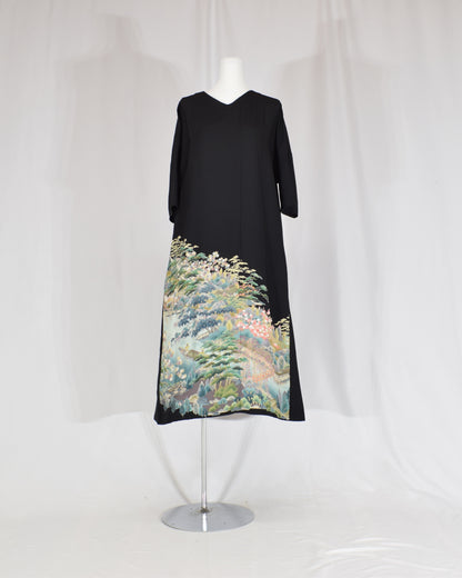 Elegant Kimono Dress, Mountain Landscape and Botanical Motif, Upcycled Tomesode Fabric