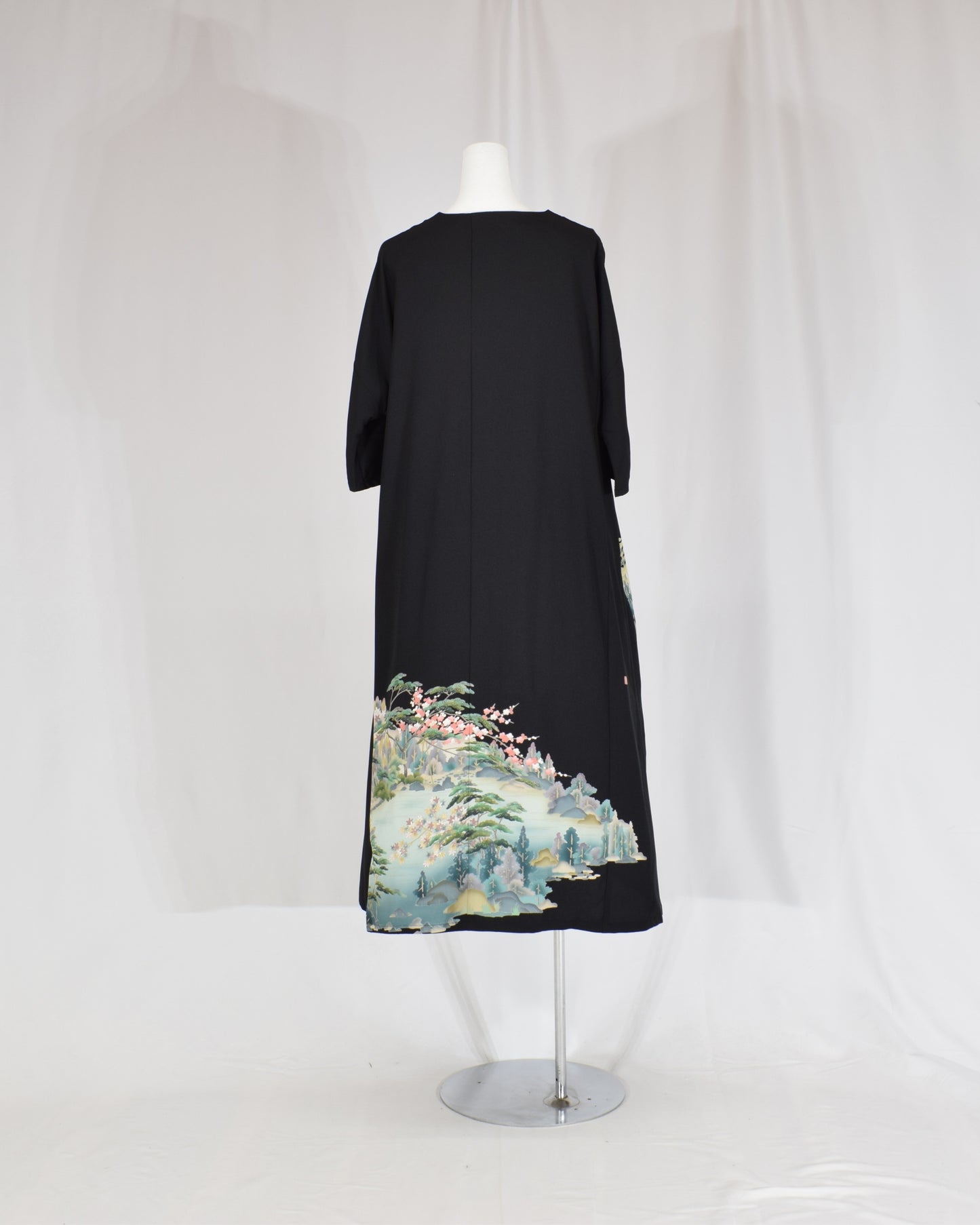 Elegant Kimono Dress, Mountain Landscape and Botanical Motif, Upcycled Tomesode Fabric