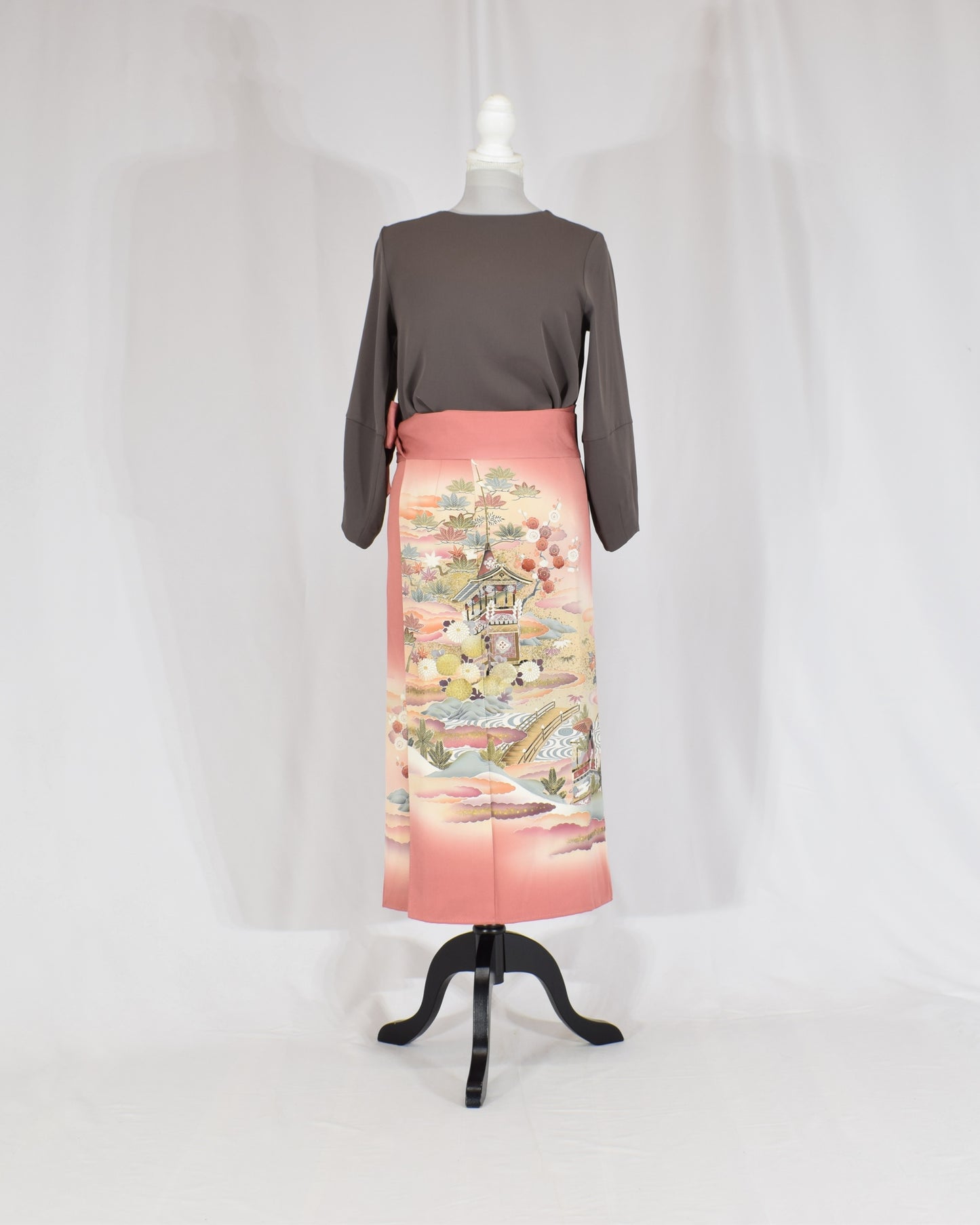 Wrap Skirt, Pink Garden and Floral Motif, Upcycled Kimono Fabric