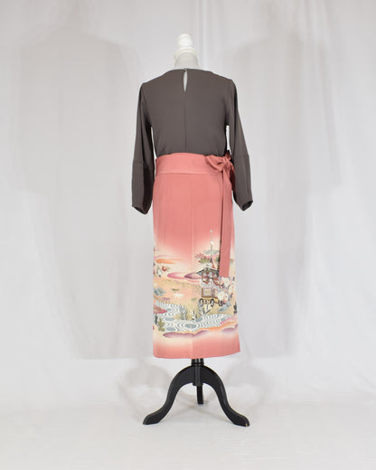 Wrap Skirt, Pink Garden and Floral Motif, Upcycled Kimono Fabric