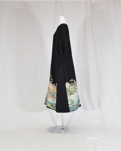 Elegant Kimono Dress, Mountain Landscape and Botanical Motif, Upcycled Tomesode Fabric