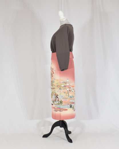Wrap Skirt, Pink Garden and Floral Motif, Upcycled Kimono Fabric