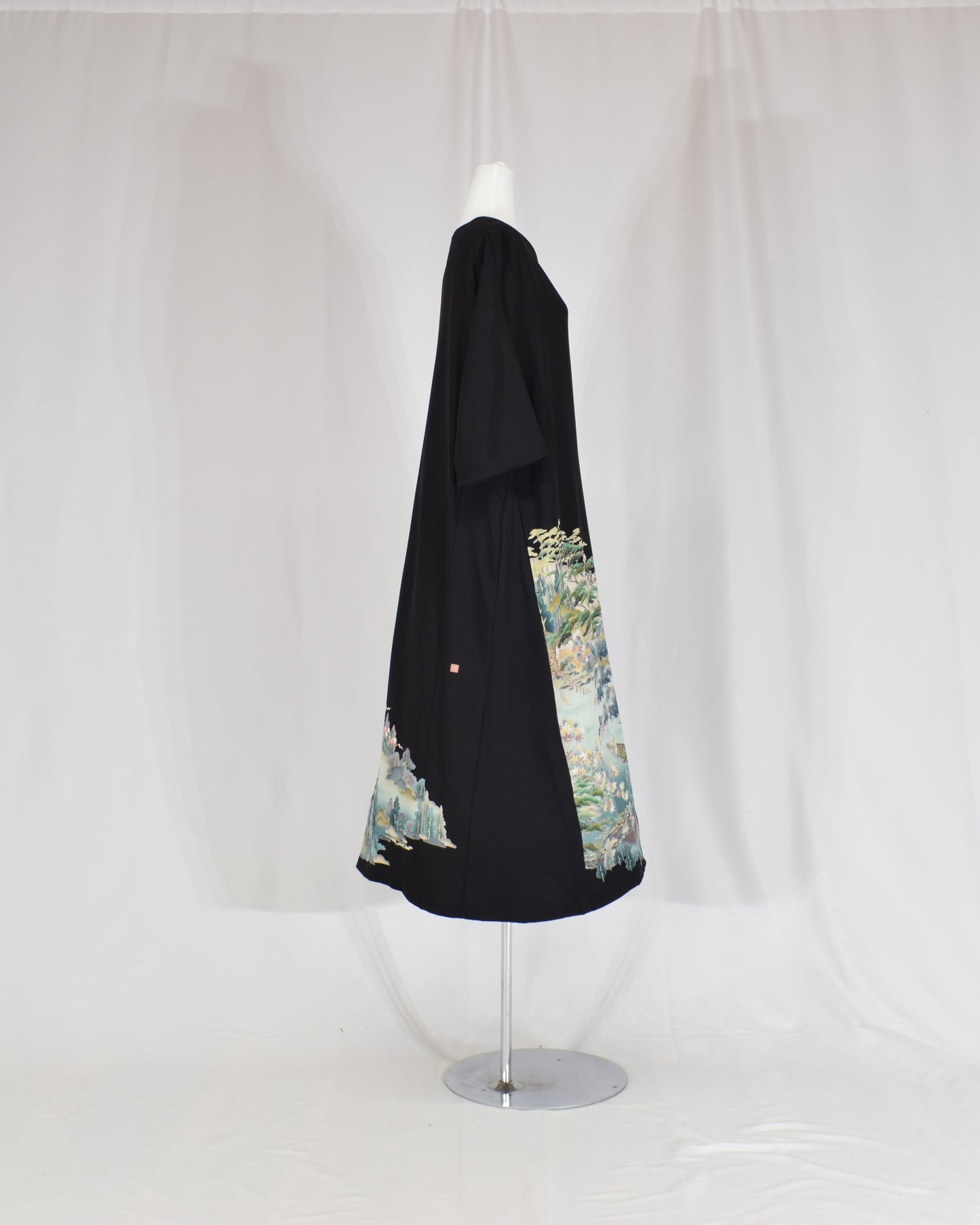 Elegant Kimono Dress, Mountain Landscape and Botanical Motif, Upcycled Tomesode Fabric