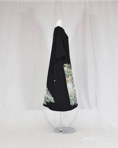 Elegant Kimono Dress, Mountain Landscape and Botanical Motif, Upcycled Tomesode Fabric
