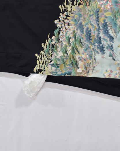 Elegant Kimono Dress, Mountain Landscape and Botanical Motif, Upcycled Tomesode Fabric