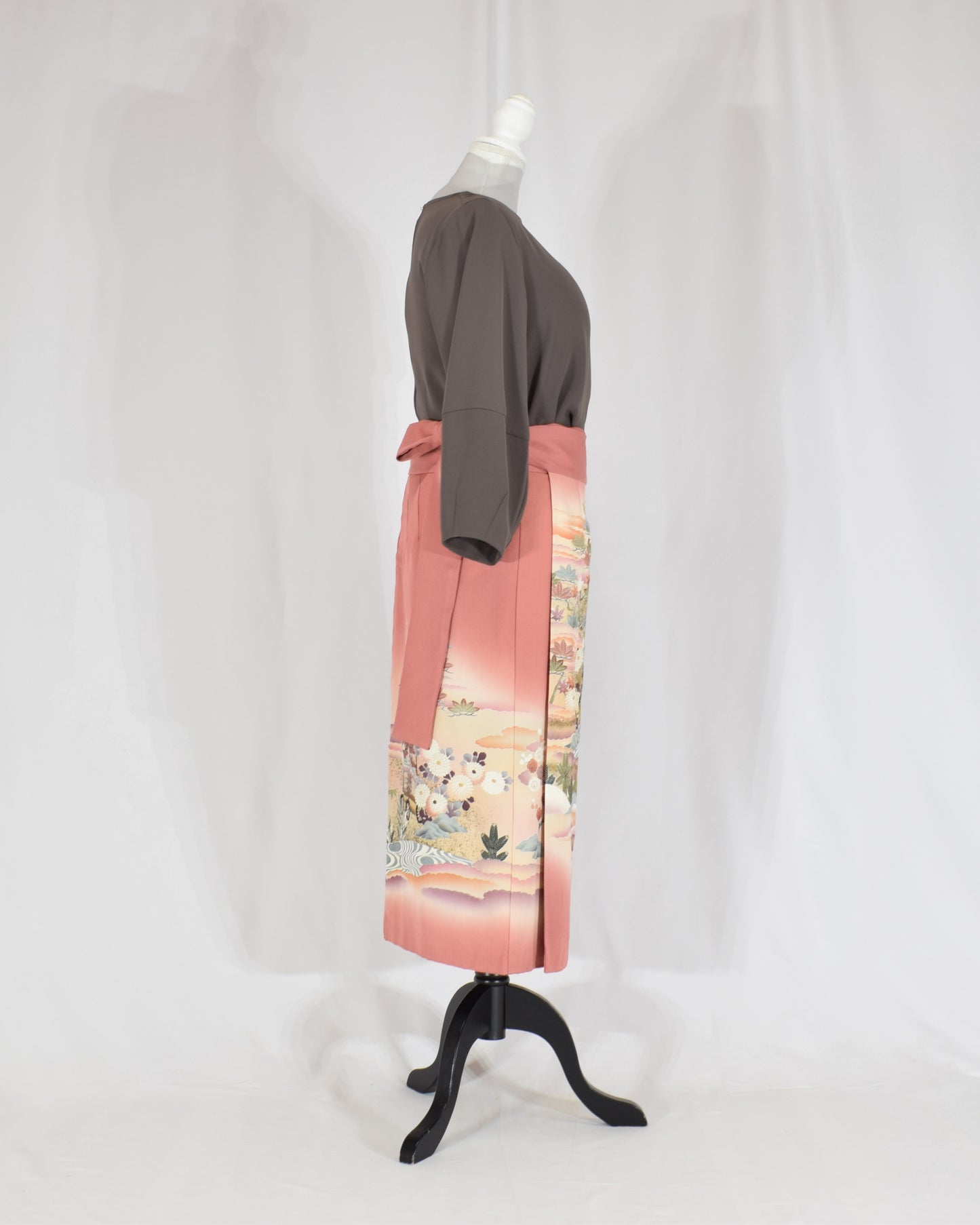 Wrap Skirt, Pink Garden and Floral Motif, Upcycled Kimono Fabric