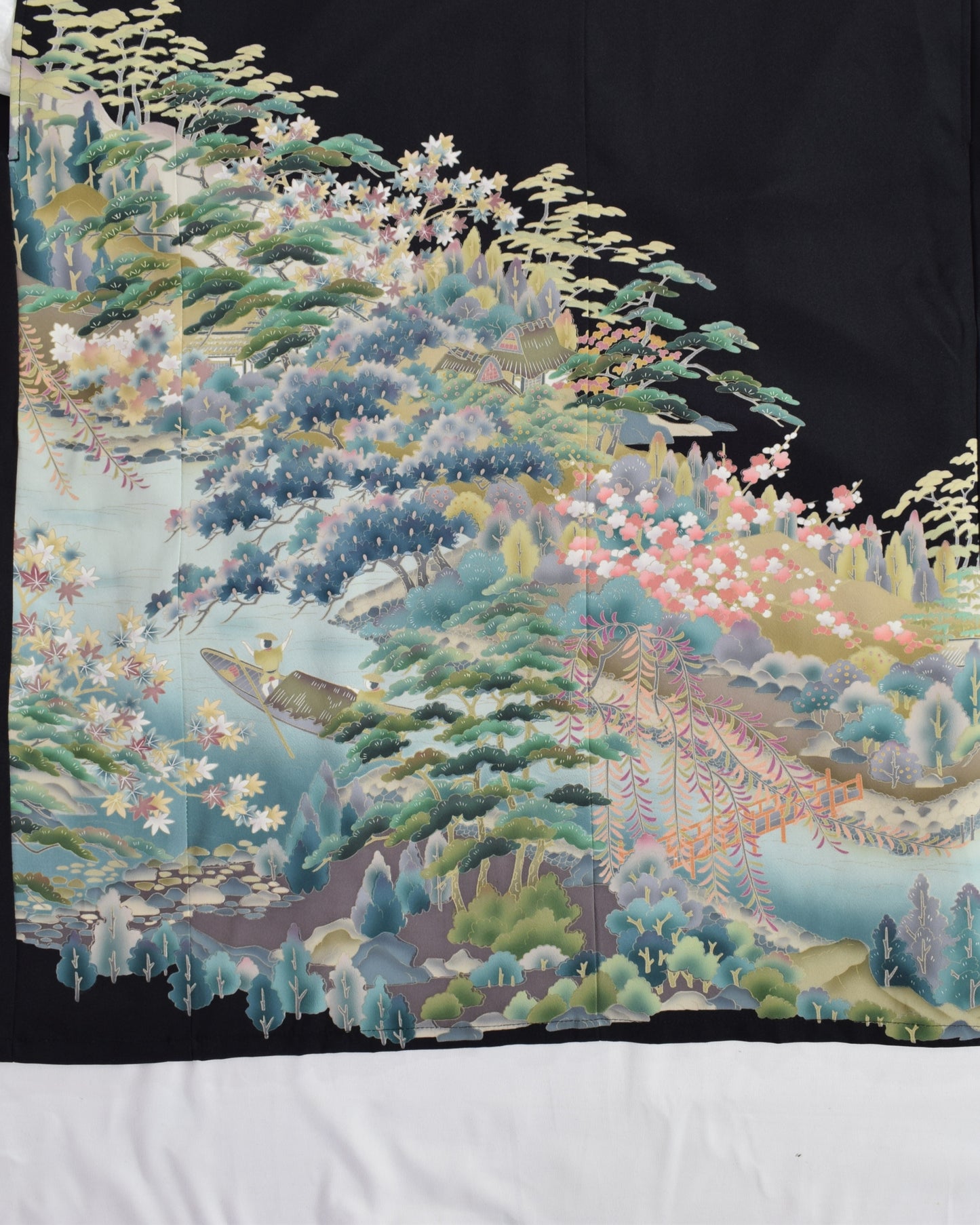 Elegant Kimono Dress, Mountain Landscape and Botanical Motif, Upcycled Tomesode Fabric