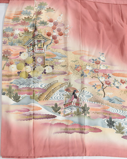 Wrap Skirt, Pink Garden and Floral Motif, Upcycled Kimono Fabric