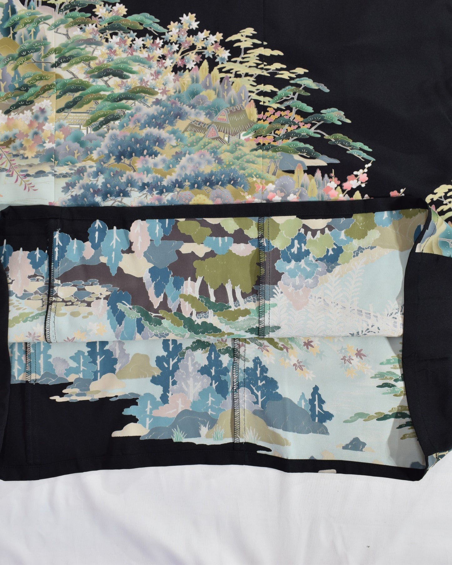 Elegant Kimono Dress, Mountain Landscape and Botanical Motif, Upcycled Tomesode Fabric