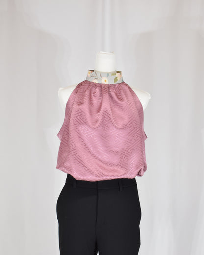 Halter Neck Blouse — Pale Pink Upcycled Kimono Fabric with Floral Detail
