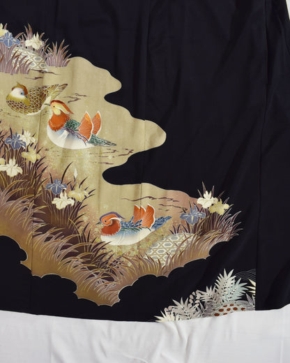 鴛鴦と草花文様 留袖ワンピース 黒留袖リメイク 一点物