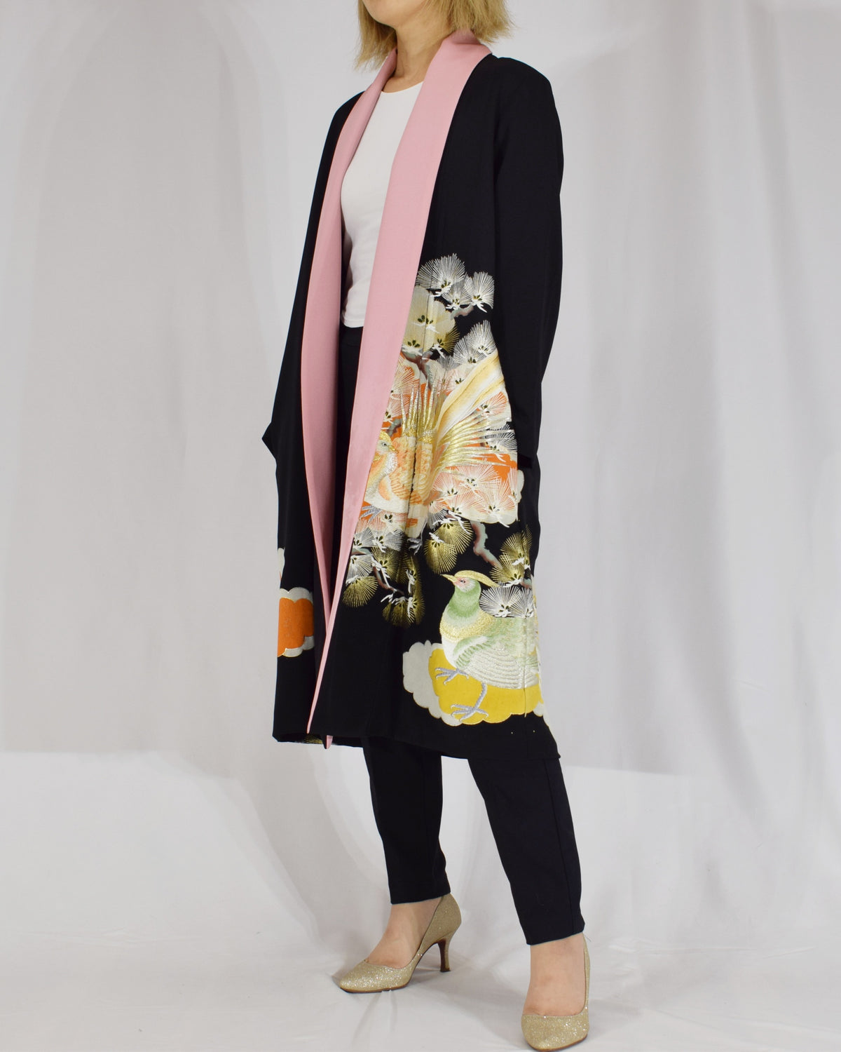 Haori Jacket, Black Bird and Pine Motifs, Upcycled Kimono Fabric