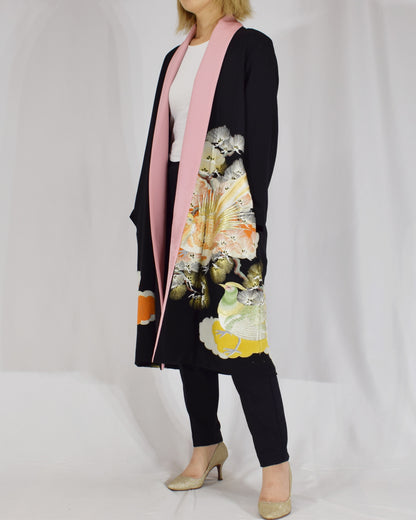 Haori Jacket, Black Bird and Pine Motifs, Upcycled Kimono Fabric