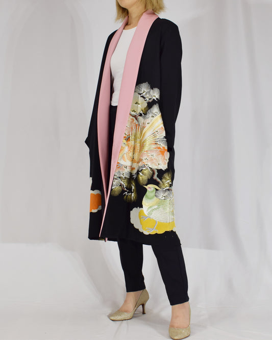 Haori Jacket, Black Bird and Pine Motifs, Upcycled Kimono Fabric