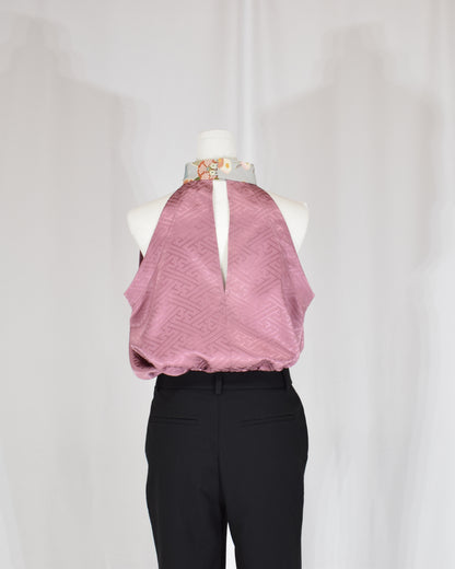Halter Neck Blouse — Pale Pink Upcycled Kimono Fabric with Floral Detail