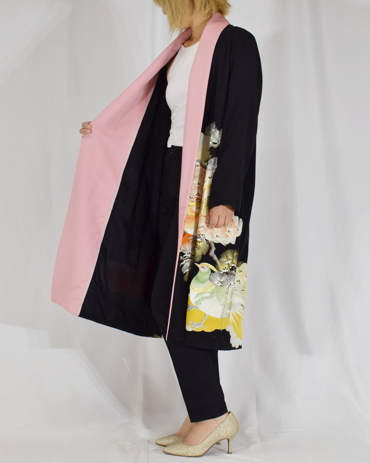 Haori Jacket, Black Bird and Pine Motifs, Upcycled Kimono Fabric