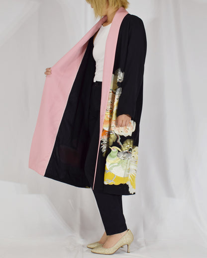 Haori Jacket, Black Bird and Pine Motifs, Upcycled Kimono Fabric