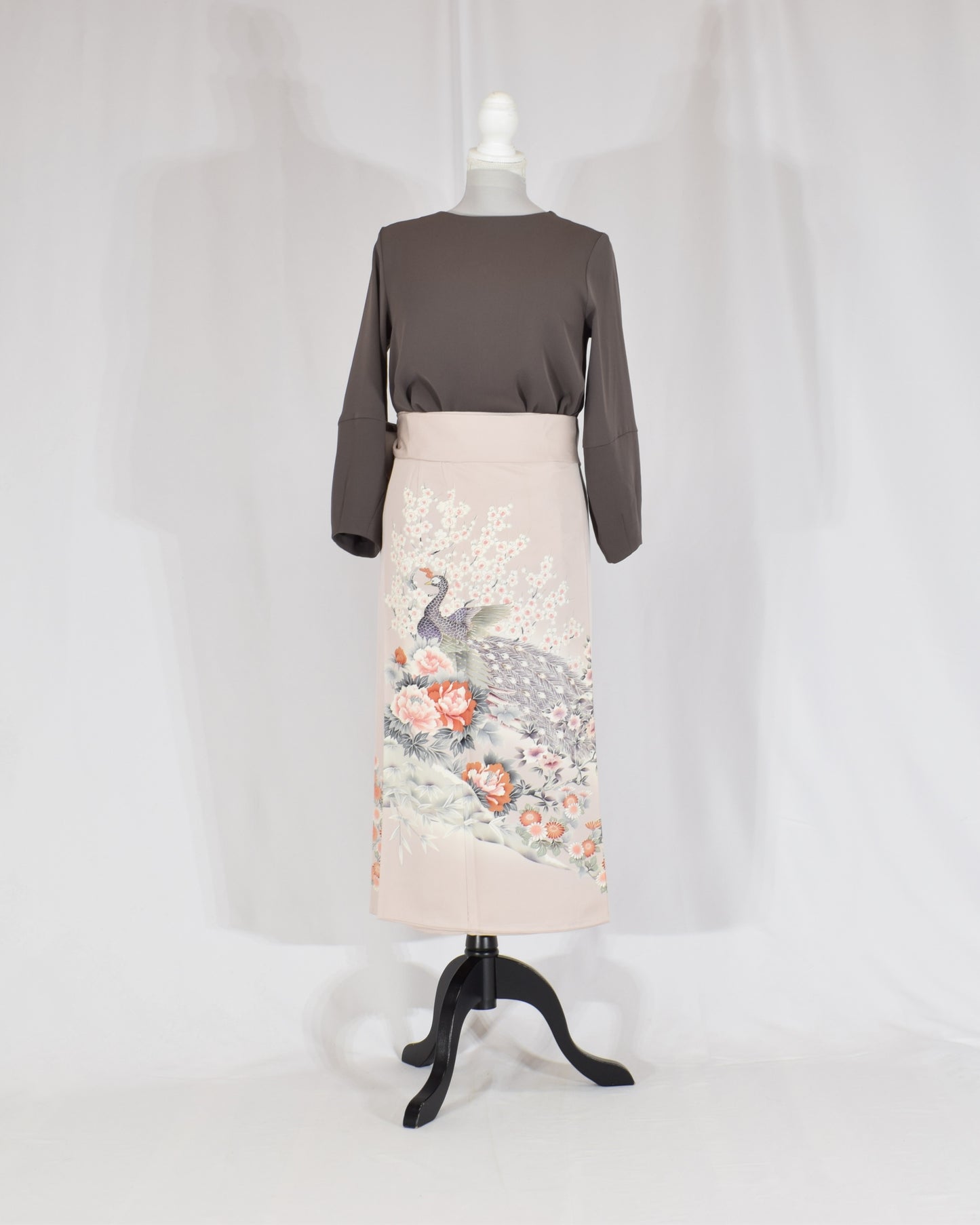 Wrap Skirt, Pale Pink Peacock and Floral Motif, Upcycled Kimono Fabric