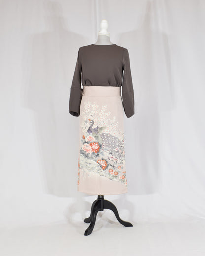 Wrap Skirt, Pale Pink Peacock and Floral Motif, Upcycled Kimono Fabric