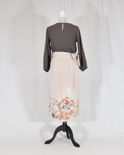 Wrap Skirt, Pale Pink Peacock and Floral Motif, Upcycled Kimono Fabric