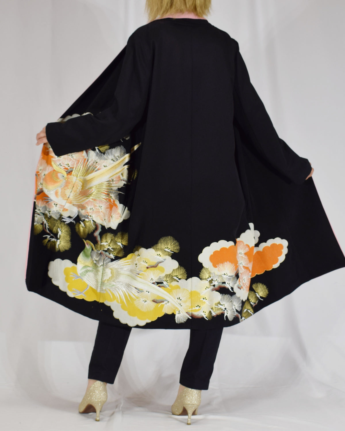 Haori Jacket, Black Bird and Pine Motifs, Upcycled Kimono Fabric