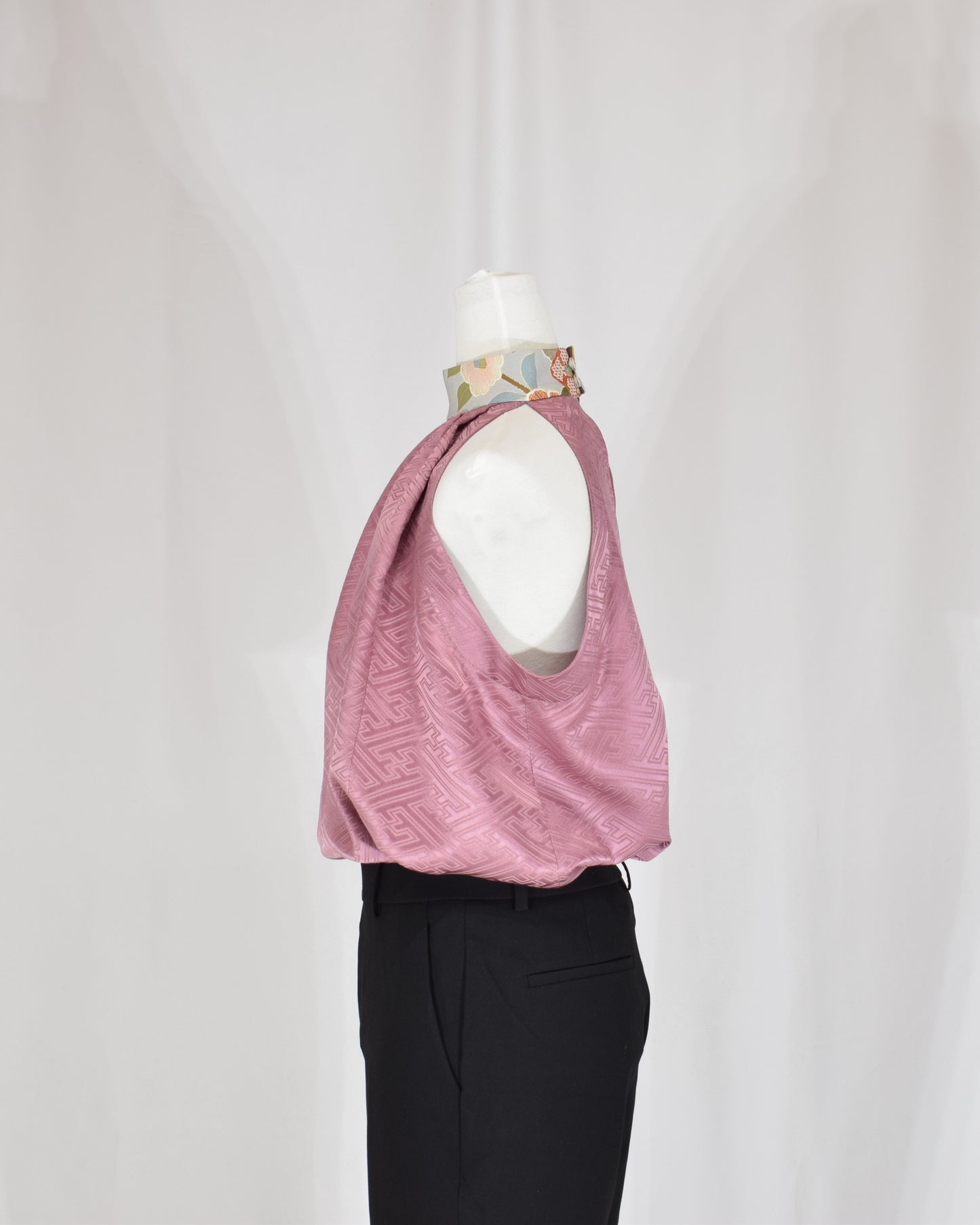 Halter Neck Blouse — Pale Pink Upcycled Kimono Fabric with Floral Detail