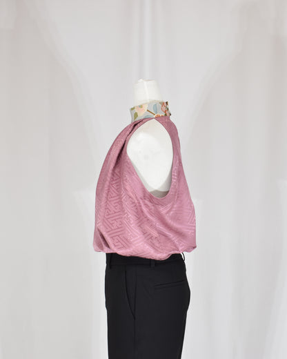 Halter Neck Blouse — Pale Pink Upcycled Kimono Fabric with Floral Detail