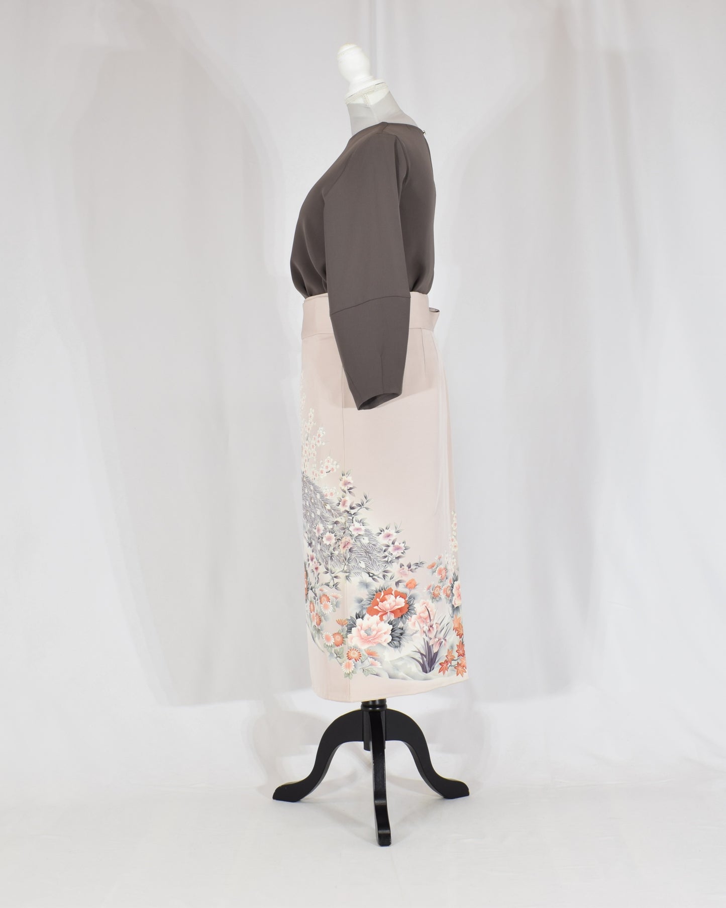 Wrap Skirt, Pale Pink Peacock and Floral Motif, Upcycled Kimono Fabric