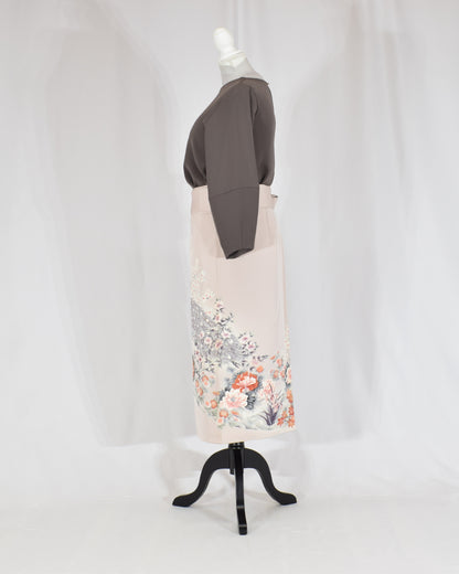 Wrap Skirt, Pale Pink Peacock and Floral Motif, Upcycled Kimono Fabric