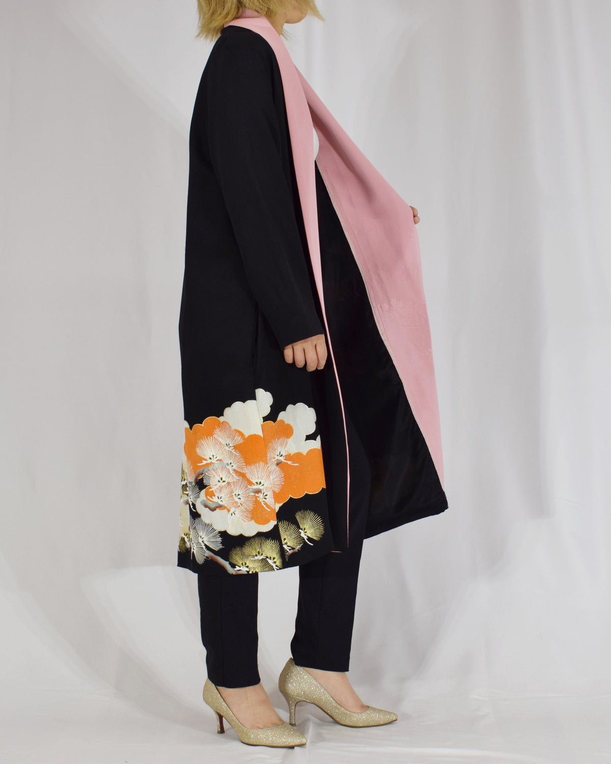 Haori Jacket, Black Bird and Pine Motifs, Upcycled Kimono Fabric