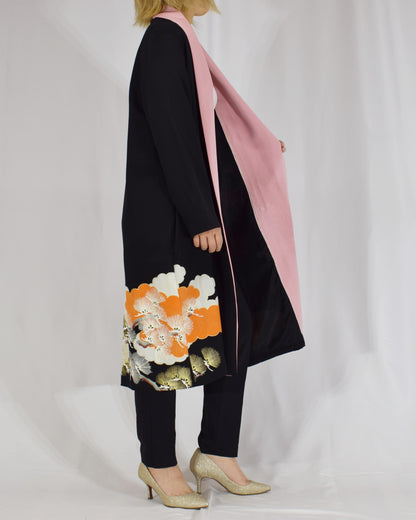 Haori Jacket, Black Bird and Pine Motifs, Upcycled Kimono Fabric