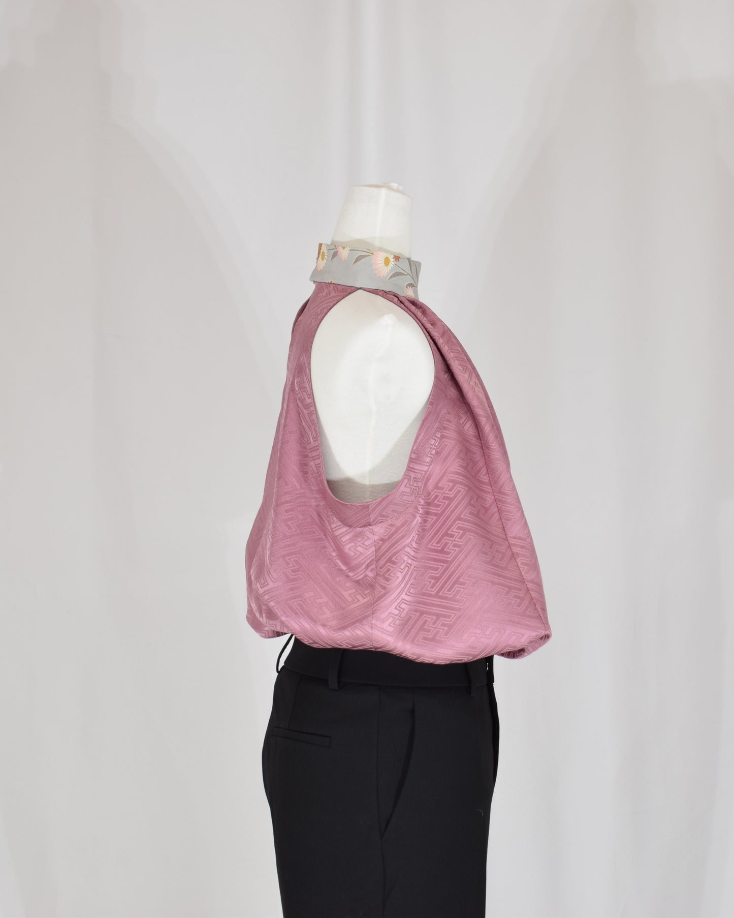Halter Neck Blouse — Pale Pink Upcycled Kimono Fabric with Floral Detail