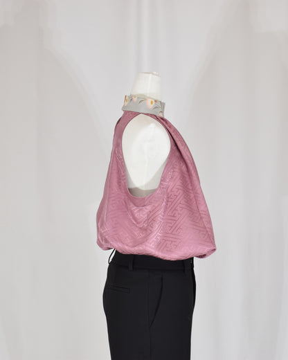 Halter Neck Blouse — Pale Pink Upcycled Kimono Fabric with Floral Detail