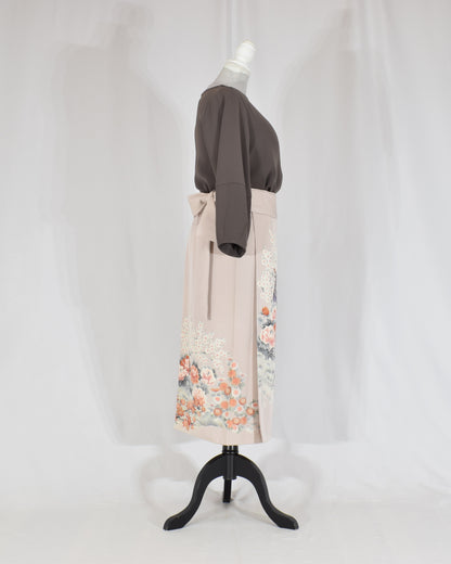 Wrap Skirt, Pale Pink Peacock and Floral Motif, Upcycled Kimono Fabric