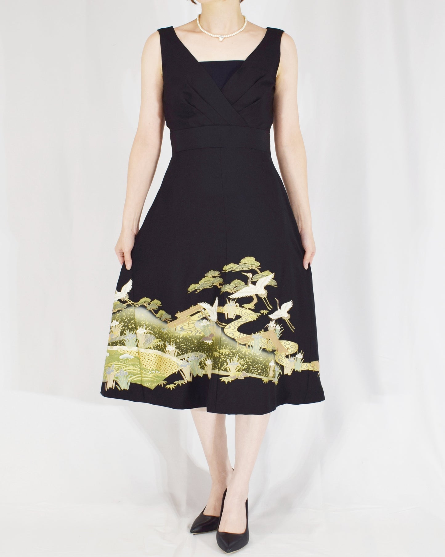 Sleeveless Dress — Black Upcycled Kimono Fabric with Crane and Bridge Scenic Motif