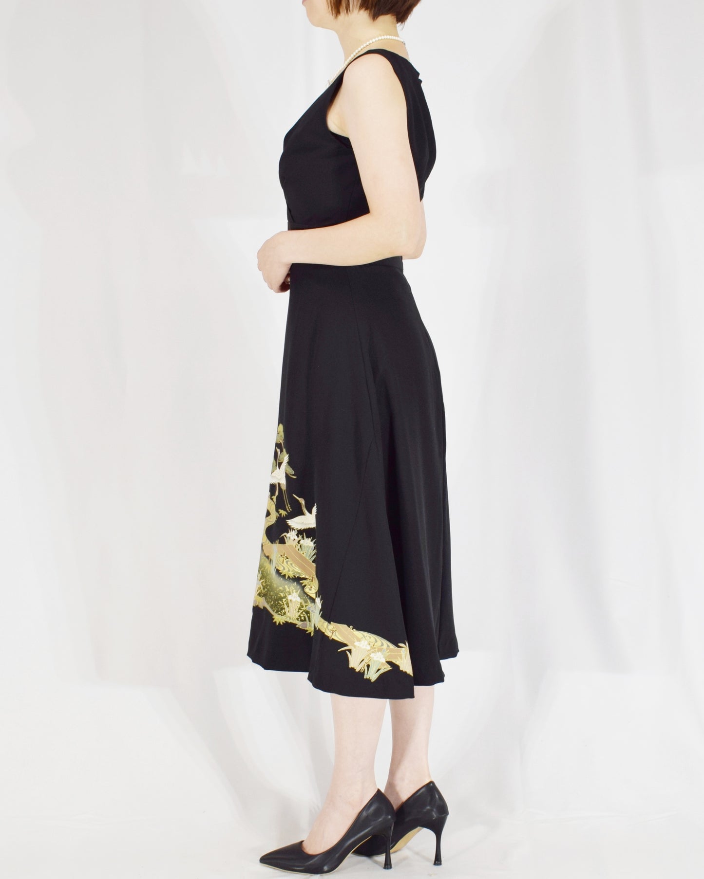Sleeveless Dress — Black Upcycled Kimono Fabric with Crane and Bridge Scenic Motif