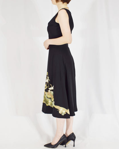 Sleeveless Dress — Black Upcycled Kimono Fabric with Crane and Bridge Scenic Motif