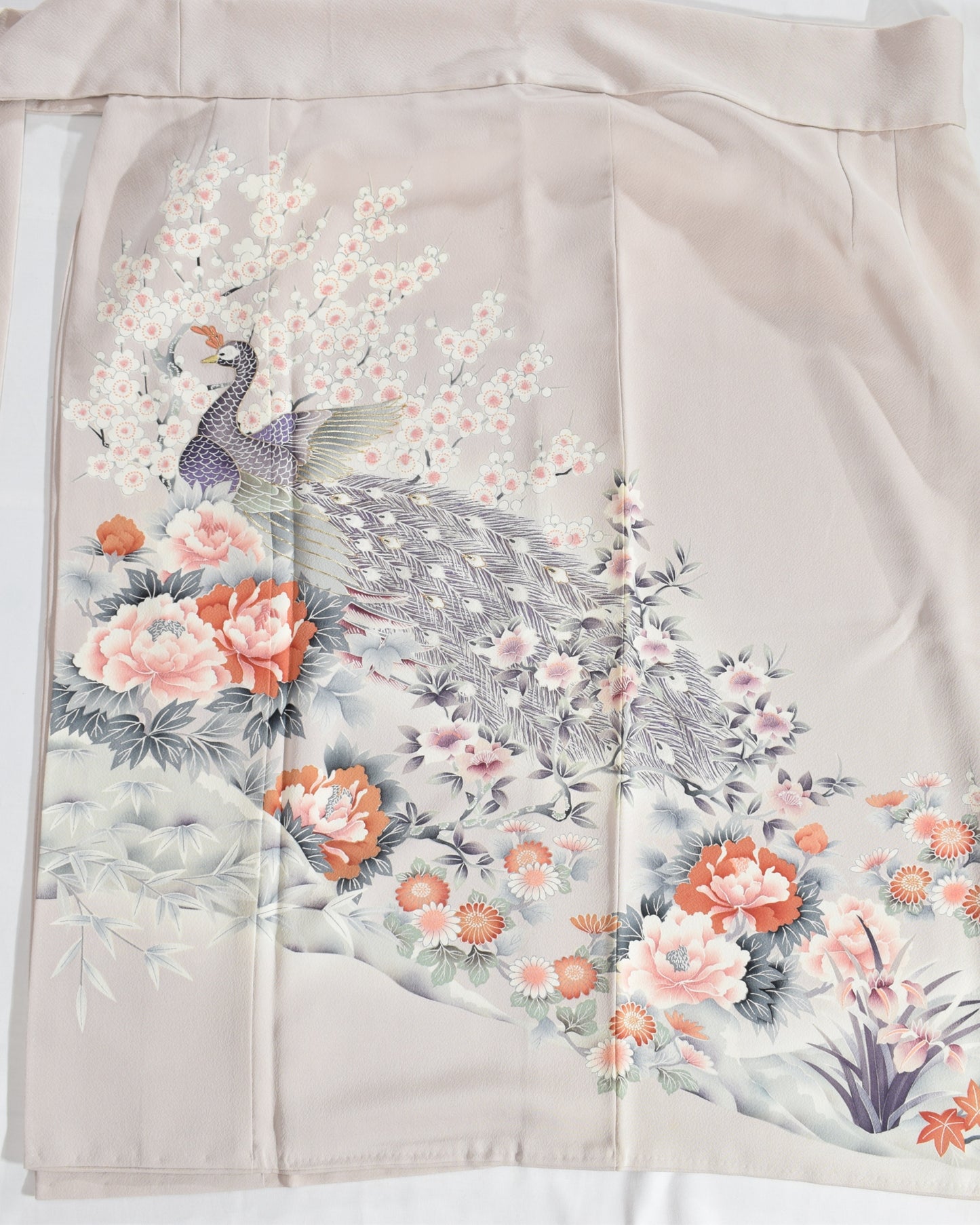Wrap Skirt, Pale Pink Peacock and Floral Motif, Upcycled Kimono Fabric